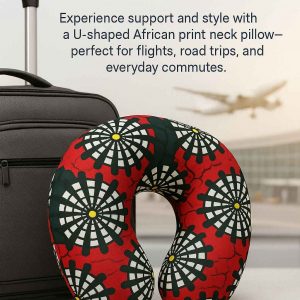 Promotional travel image of African print U-shaped neck pillow beside luggage
