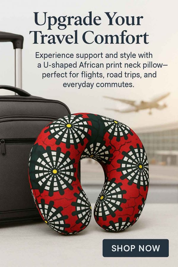 Promotional travel image of African print U-shaped neck pillow beside luggage