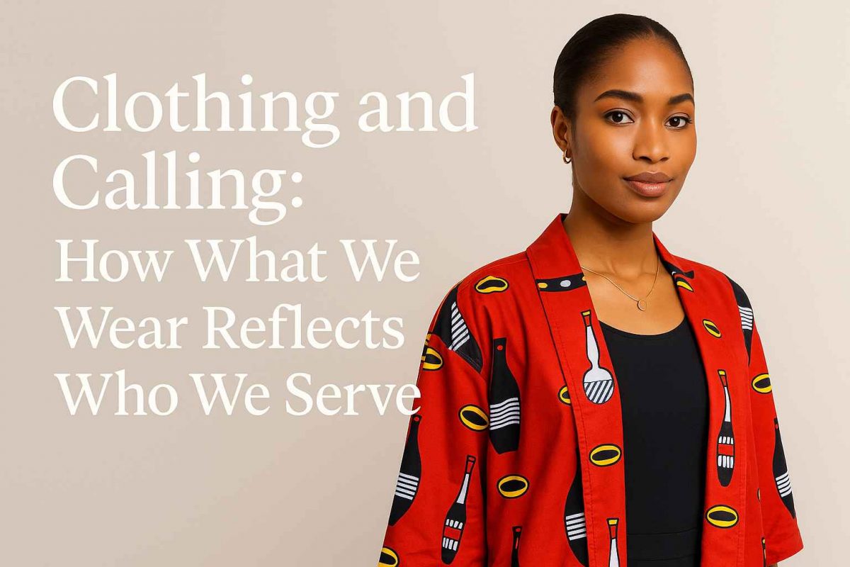 Portrait of a confident African woman in a red Kitenge jacket, with text overlay: “Clothing and Calling – How What We Wear Reflects Who We Serve.”