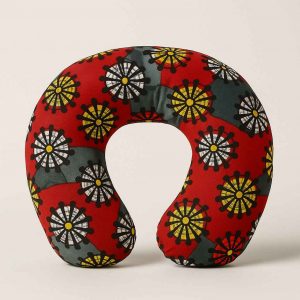 Studio front view of a handmade African print U-shaped neck pillow for travel and rest