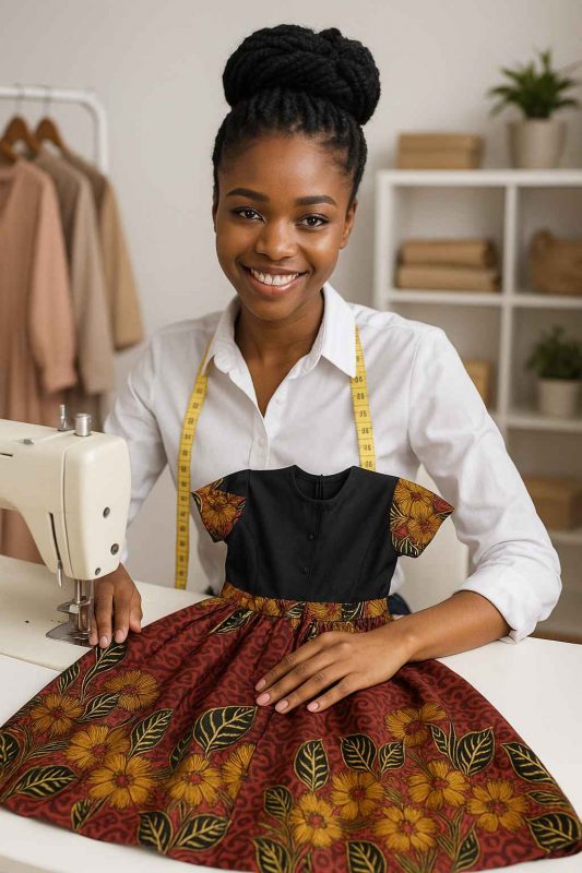 Smiling African seamstress holding a girls’ kitenge flare dress beside her sewing machine in a minimalist workspace