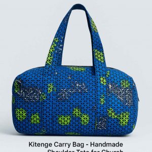 Handmade kitenge carry bag, front view, blue geometric pattern