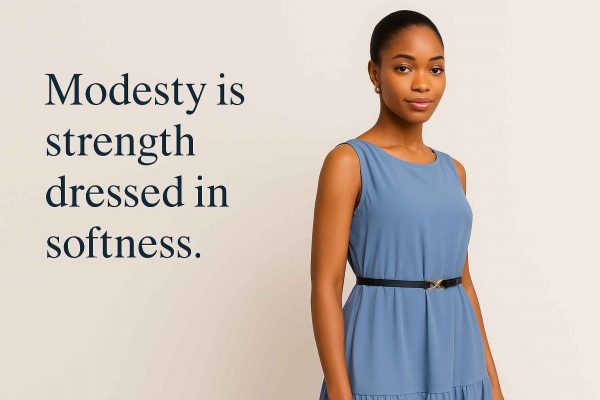 African woman in a sleeveless modest blue midi dress with overlay text: “Modesty is strength dressed in softness” — set against a clean studio background.