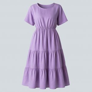 Front view of a lavender midi dress with short sleeves, elastic waist, and two gathered skirt tiers for a modest and flowy silhouette